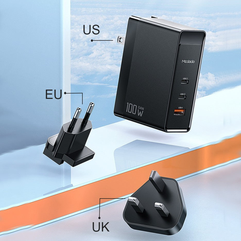 Avtoit | 3-in-1 100W Wall Charger, with US/EU/UK Plugs, 2 Type-C & 1 USB Port, for Laptop, Phone, Tablet