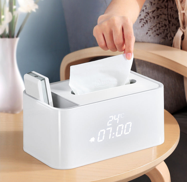 Avtoit | Multi-Function Smart Electronic Alarm Clock Tissue Box, with Indoor Thermometer and Sound Control Design, Suitable for Bedroom, Living Room, Kitchen & Office