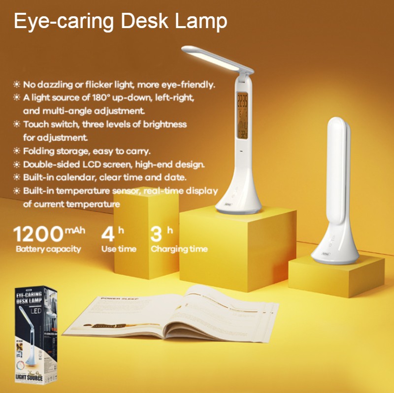 Avtoit | Rechargeable Foldable Eye-caring Desk Lamp, with Flicker-free, Adjustable Brightness, Time, Date & Temperature Display