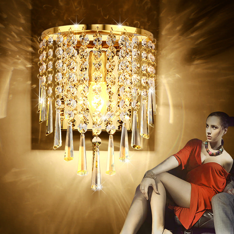 Avtoit | Modern Luxury Semi-Round Octagonal Pearl Stainless Steel Crystal 1-Light Wall Sconce Lamp for Living Room