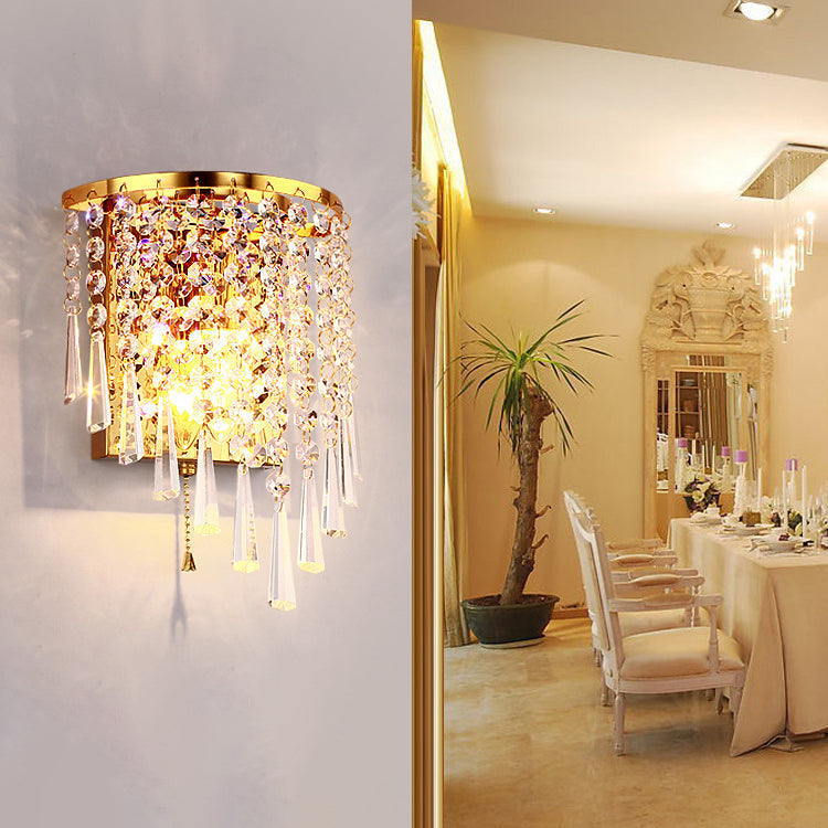 Avtoit | Modern Luxury Semi-Round Octagonal Pearl Stainless Steel Crystal 1-Light Wall Sconce Lamp for Living Room