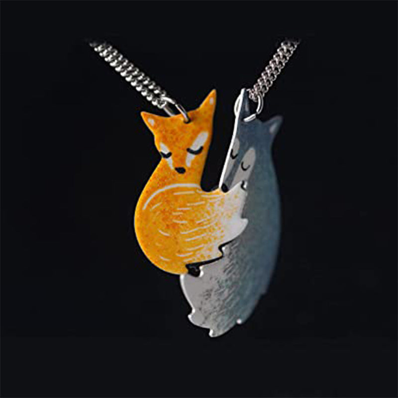 Avtoit | Hand-painted Fox and Wolf Couple Embrace Necklace