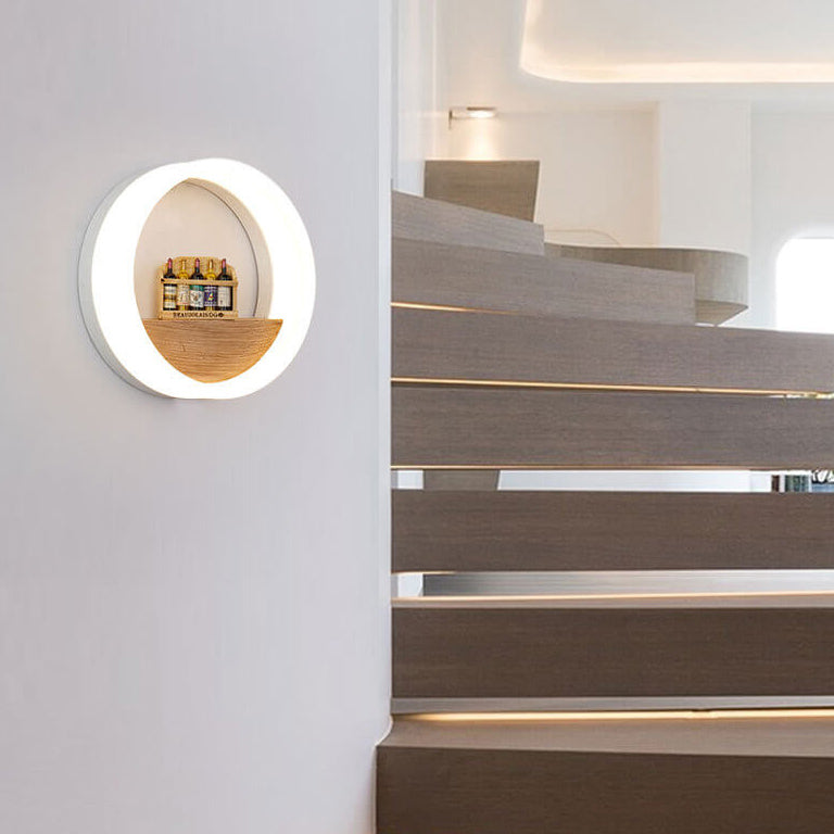 Avtoit | Lumoshelf LED Wall Light | Solid Wood with Shelf | Round Wall Lamp | Warm & White Light