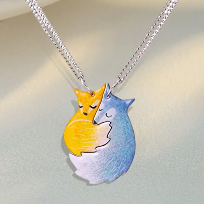 Avtoit | Hand-painted Fox and Wolf Couple Embrace Necklace