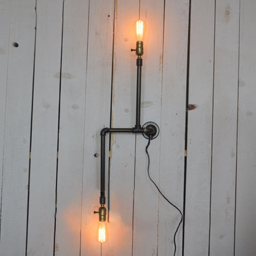 Avtoit | Black Finish Piped Wall Lamp Fixture with Open Bulb Farmhouse Wrought Iron 2 Lights Indoor Wall Lamp