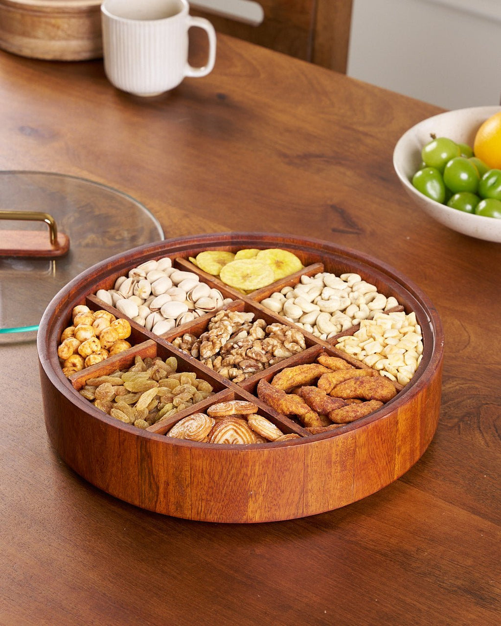 Avtoit | BambooSpin – 9-Compartment Serving Tray with Rotating Lid | Premium Bamboo Snack Platter