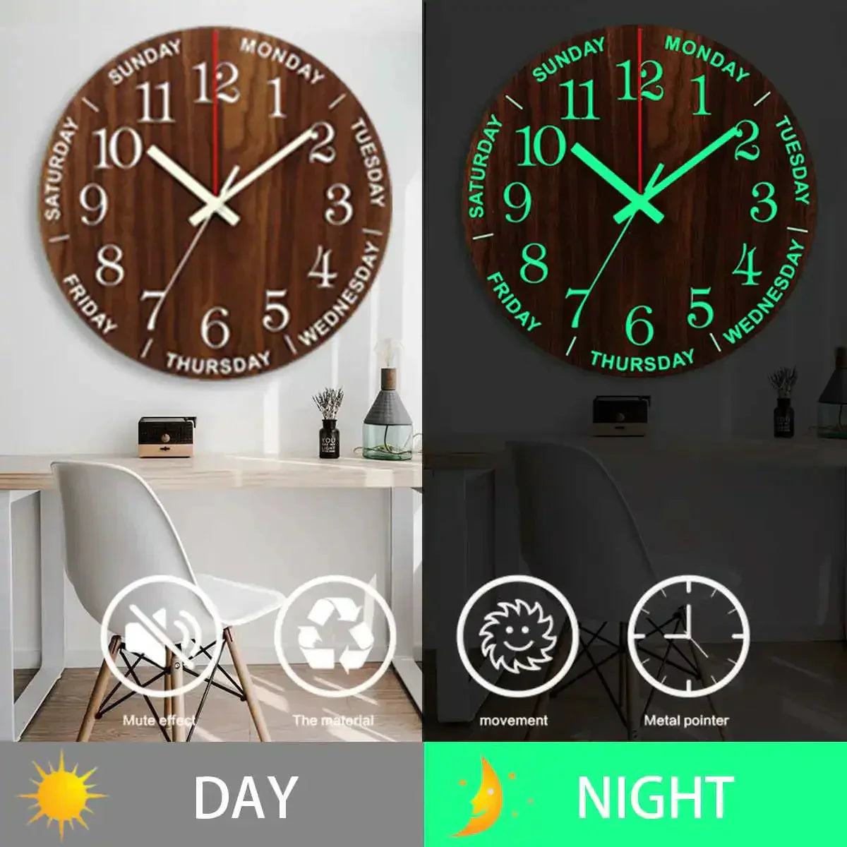 Avtoit | Glowtic Illuminating Wall Clock | Wood Design | Silent | Night Light | Nordic Style | Gift Idea