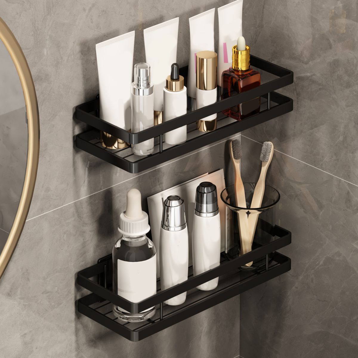 Avtoit | 2-piece bathroom shelf made of matte black metal bathroom hardware set