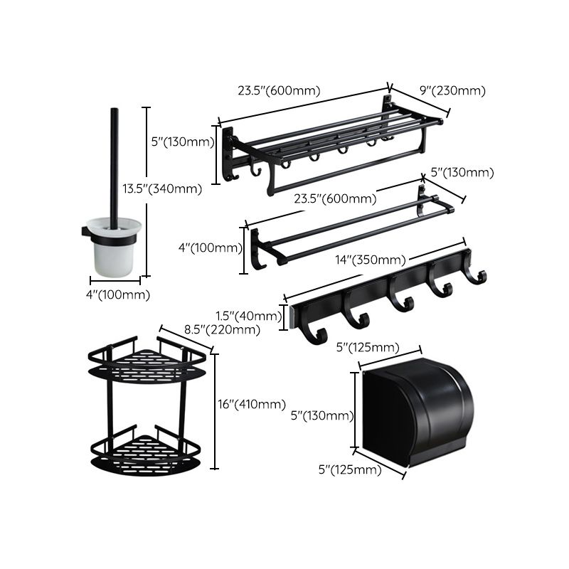 Avtoit | 6-piece modern bathroom hardware set in matte black with bathroom shelf/towel holder & bathrobe hooks