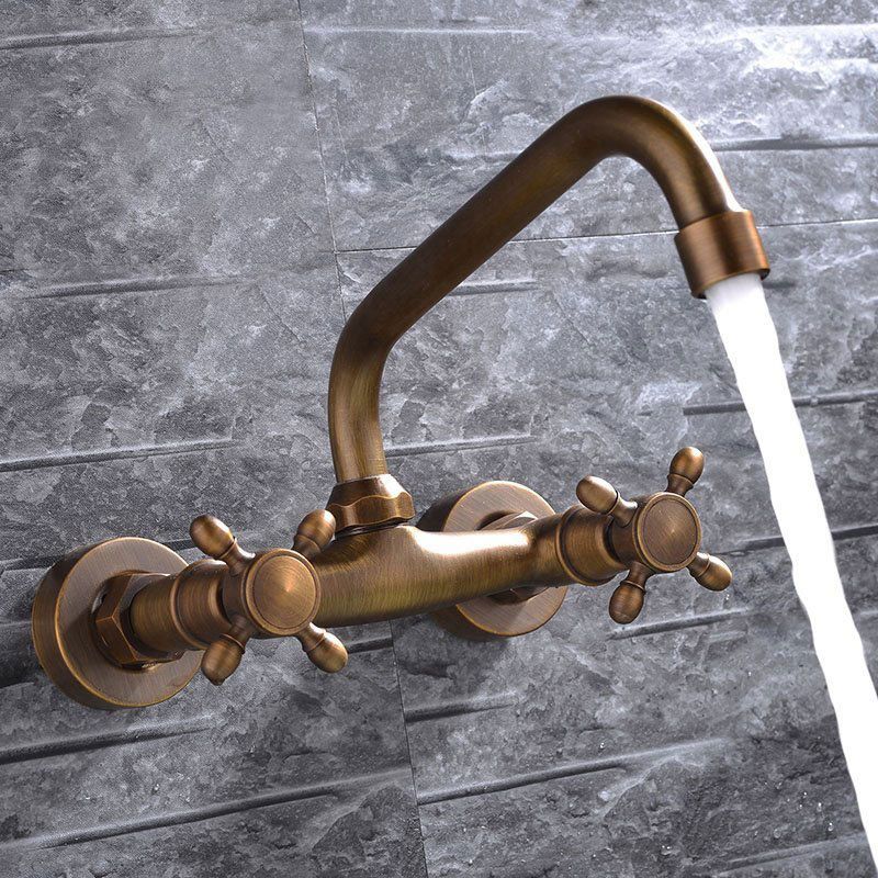 Avtoit | Industrial Bathtub Outlet Trim Wall Mounted Full Copper Dual Cross Handle Low Arc Bathtub Faucet