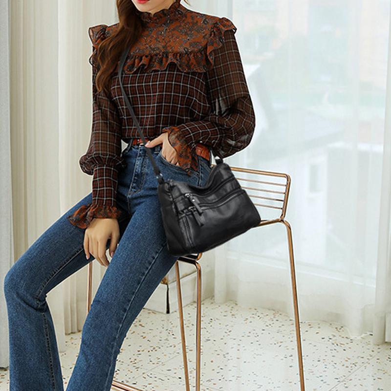 PU Leather Shoulder Bag with Zipper Pockets and Adjustable Strap