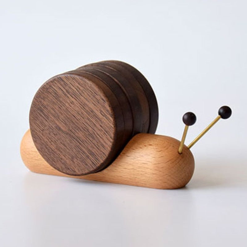 Avtoit | Cute Wood Cup Coaster, with 5 Pieces and Snail-shaped Holder, for Cup, Mug, Bowl & More
