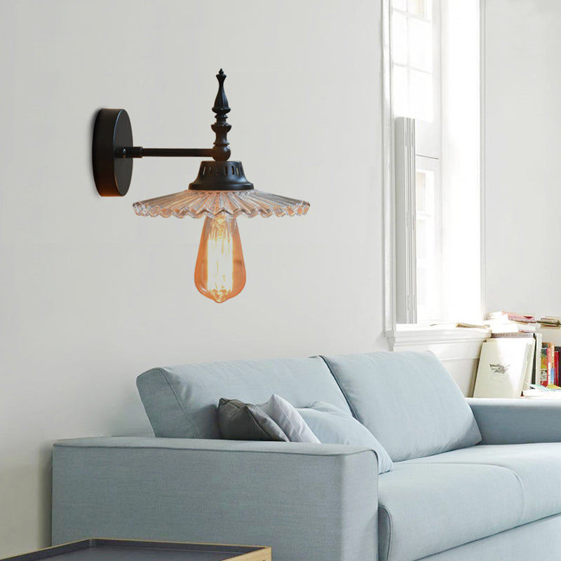 Avtoit | Clear/Green Glass Black Wall Light Cone/Wide Flare 1-Light Industrial Wall Lamp for Living Room