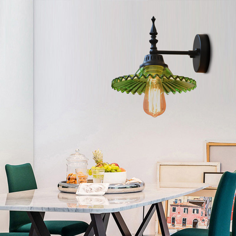 Avtoit | Clear/Green Glass Black Wall Light Cone/Wide Flare 1-Light Industrial Wall Lamp for Living Room