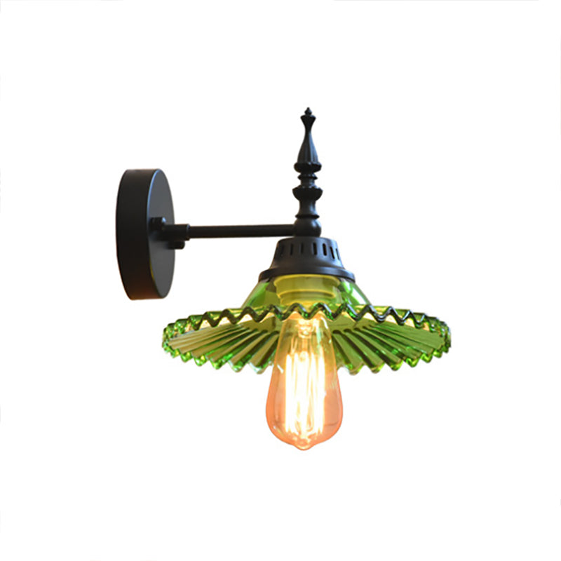 Avtoit | Clear/Green Glass Black Wall Light Cone/Wide Flare 1-Light Industrial Wall Lamp for Living Room