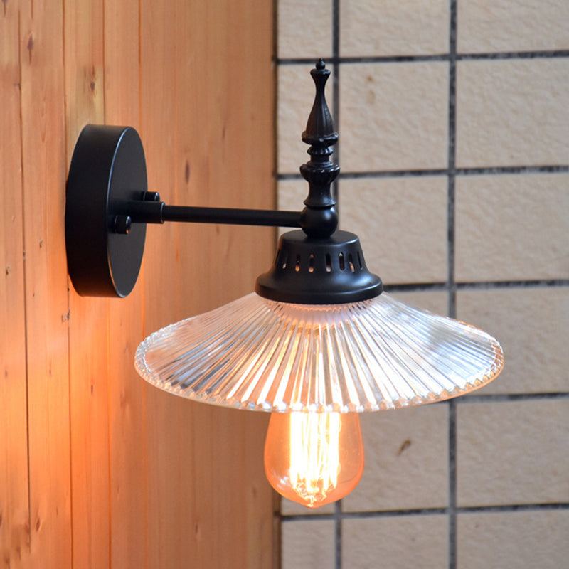 Avtoit | Clear/Green Glass Black Wall Light Cone/Wide Flare 1-Light Industrial Wall Lamp for Living Room