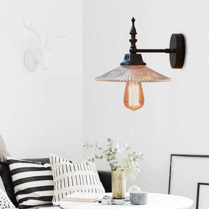 Avtoit | Clear/Green Glass Black Wall Light Cone/Wide Flare 1-Light Industrial Wall Lamp for Living Room