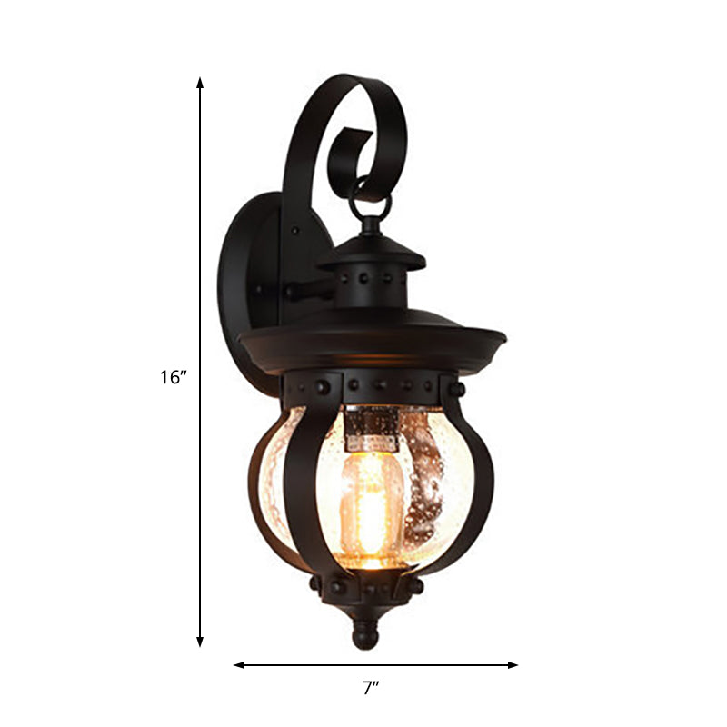 Avtoit | 1 Light Seedy Glass Wall Light Rustic Black Lantern Bedroom Lighting Fixture