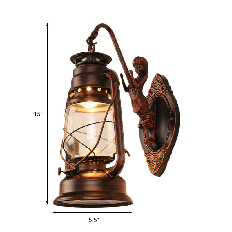 Avtoit | One Bulb Wall Lamp with Lantern Shade Clear Glass Coast Bedroom Wall Lamp in Black/Antique Brass/Aged Copper with Mermaid