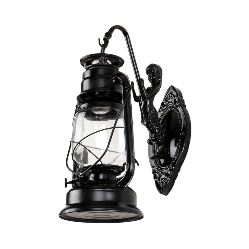 Avtoit | One Bulb Wall Lamp with Lantern Shade Clear Glass Coast Bedroom Wall Lamp in Black/Antique Brass/Aged Copper with Mermaid