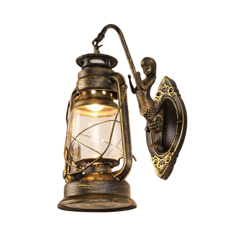 Avtoit | One Bulb Wall Lamp with Lantern Shade Clear Glass Coast Bedroom Wall Lamp in Black/Antique Brass/Aged Copper with Mermaid