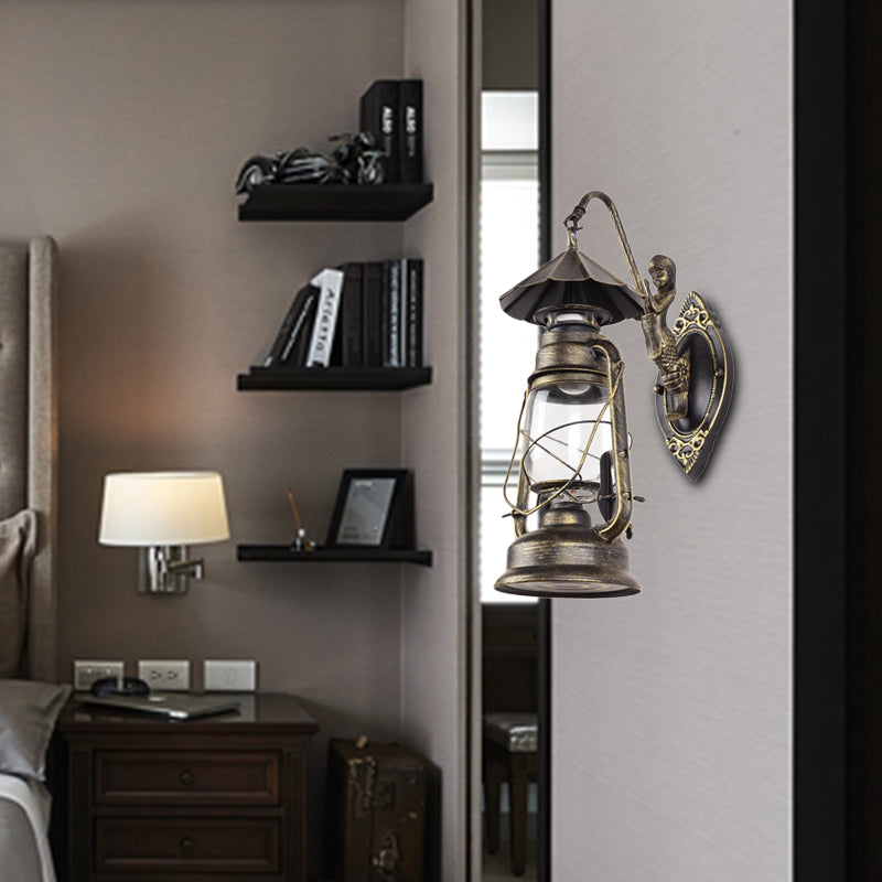 Avtoit | Kerosene Clear Glass Wall Lamp Coast Single Bulb Living Room Sconces Lamp in Black/Antique Brass
