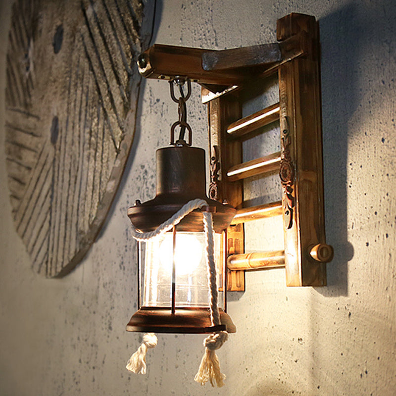 Avtoit | Antique Copper Cylinder Wall Lighting Vintage Clear Glass 1 Light Porch Sconces Light with Cage and Wooden Backplate