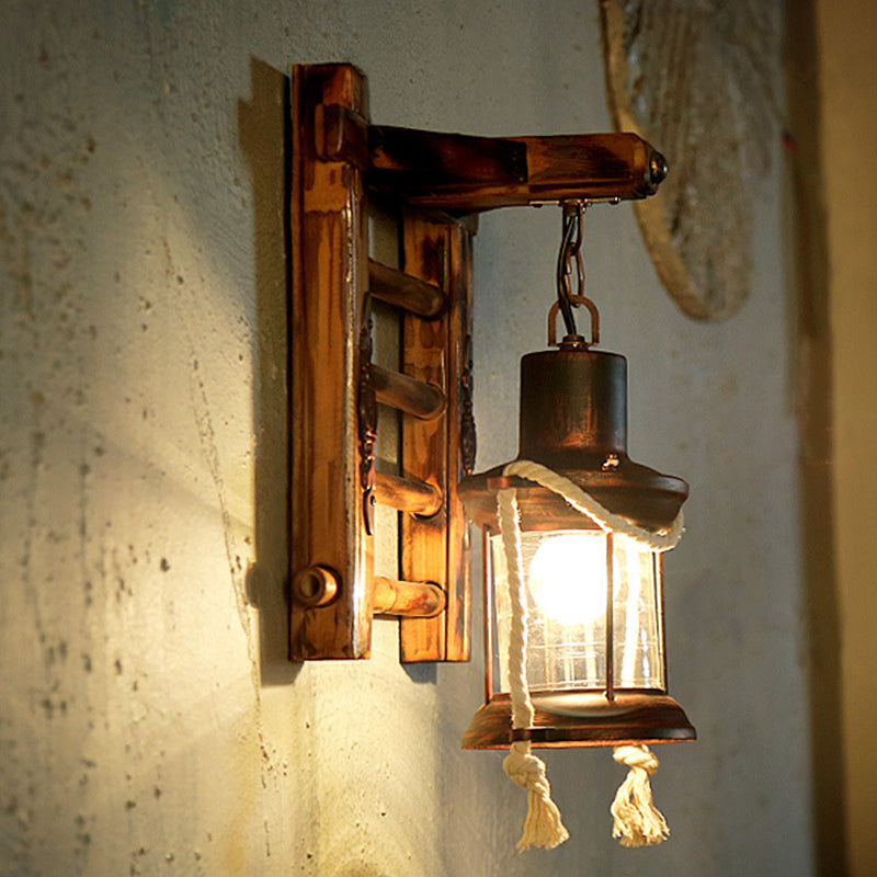 Avtoit | Antique Copper Cylinder Wall Lighting Vintage Clear Glass 1 Light Porch Sconces Light with Cage and Wooden Backplate