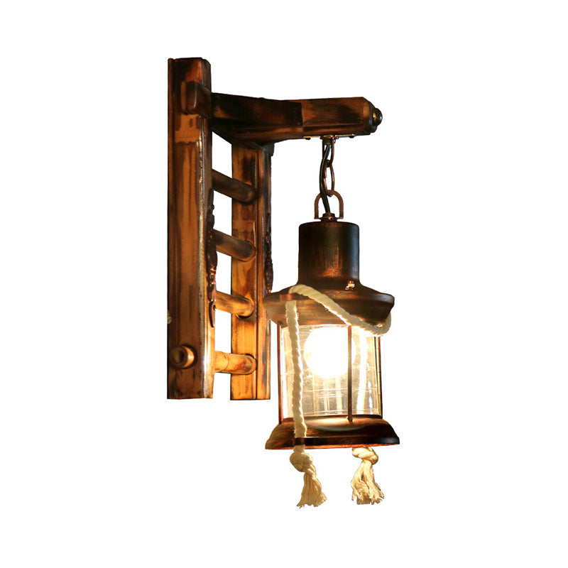 Avtoit | Antique Copper Cylinder Wall Lighting Vintage Clear Glass 1 Light Porch Sconces Light with Cage and Wooden Backplate