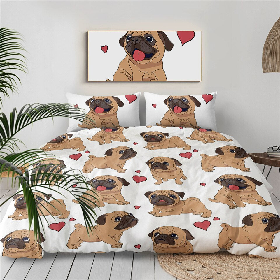 Avtoit | 3pcs Hippie Pug Puppy Cartoon Comfortable Duvet Cover Bedding Set