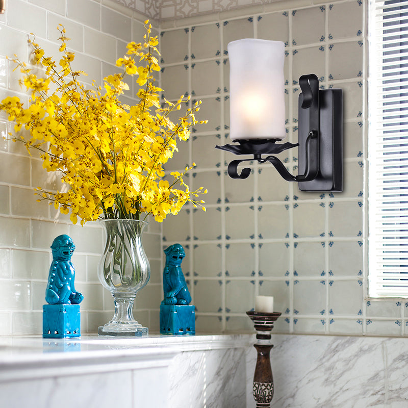 Avtoit | Cylinder Bathroom Wall Light Industrial Frosted Glass 1 Light Black Wall Light