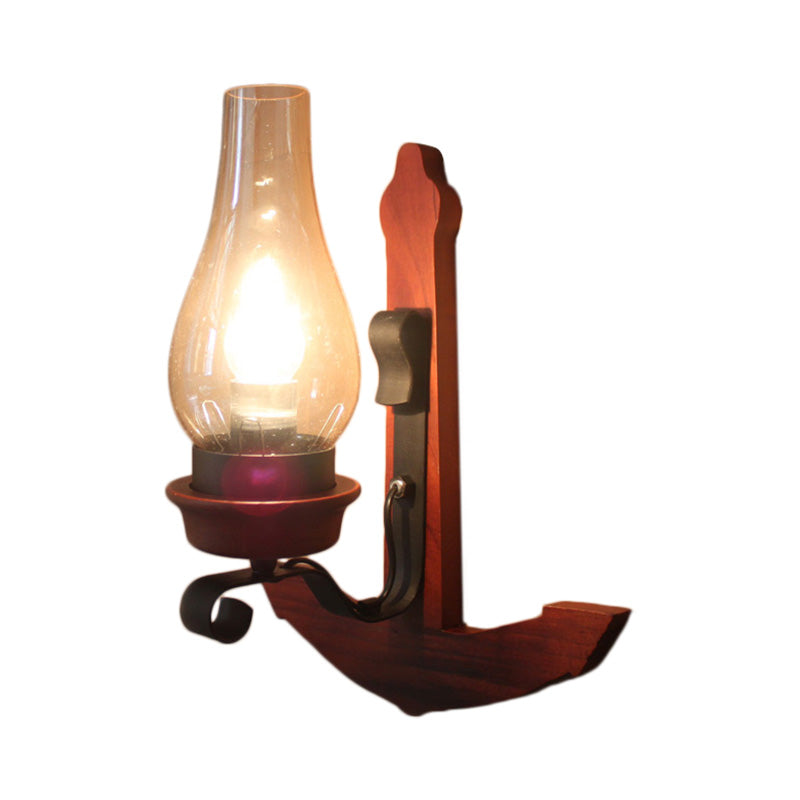 Avtoit | Vase Porch Wall Lamp Light Fixture Industrial Clear Glass Red Colored Wall Lamp with Wooden Back Plate
