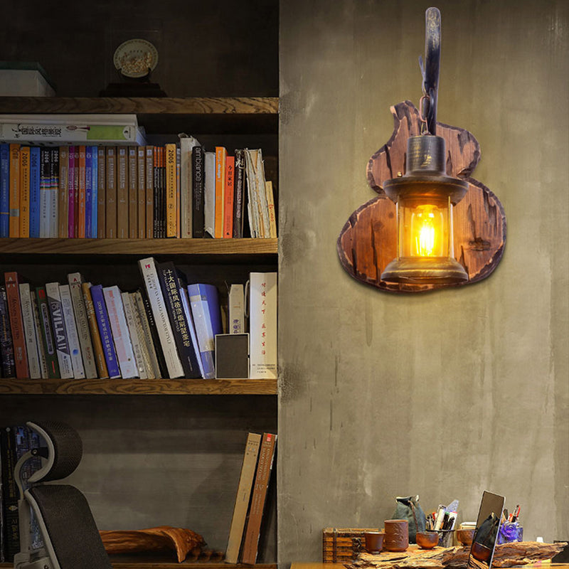 Avtoit | Coastal Lantern Wall Lighting Fixture 1 Lamp Clear Glass Wall Light in Antique Brass with Gourd Back Plate