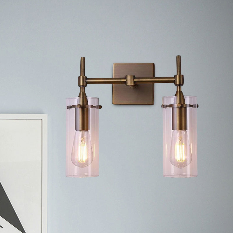 Avtoit | Clear Glass Cylinder Wall Lantern Modern 2 Lights Dining Room Lighting Fixture in Patina Brass