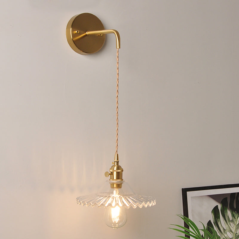 Avtoit | Shaped Clear/Opal Glass Wall Lamp Industrial Single Bulb Bedroom Sconces Light in Brass