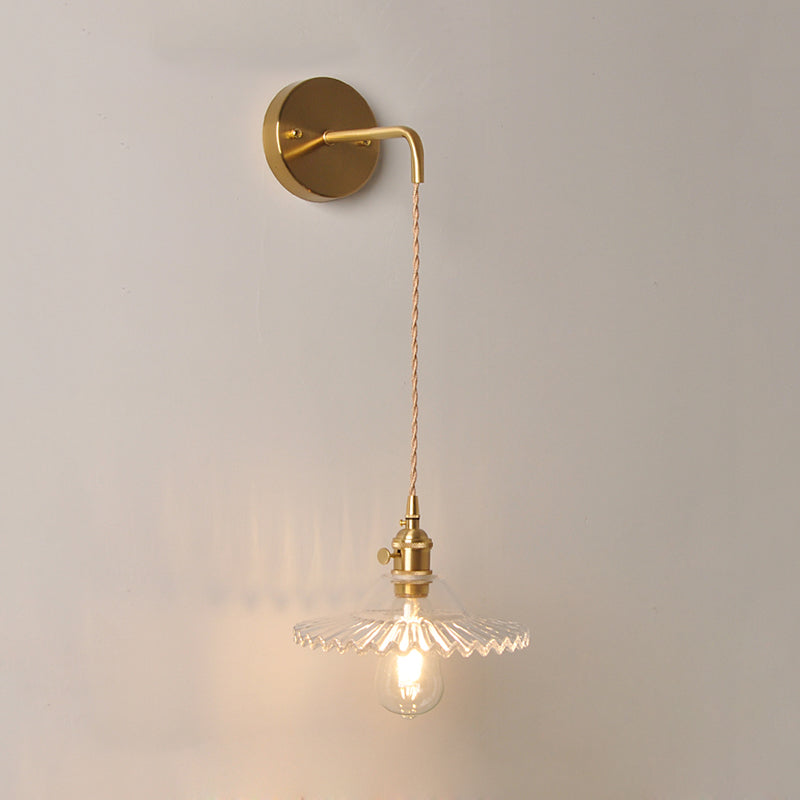 Avtoit | Shaped Clear/Opal Glass Wall Lamp Industrial Single Bulb Bedroom Sconces Light in Brass
