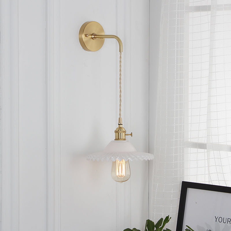 Avtoit | Shaped Clear/Opal Glass Wall Lamp Industrial Single Bulb Bedroom Sconces Light in Brass