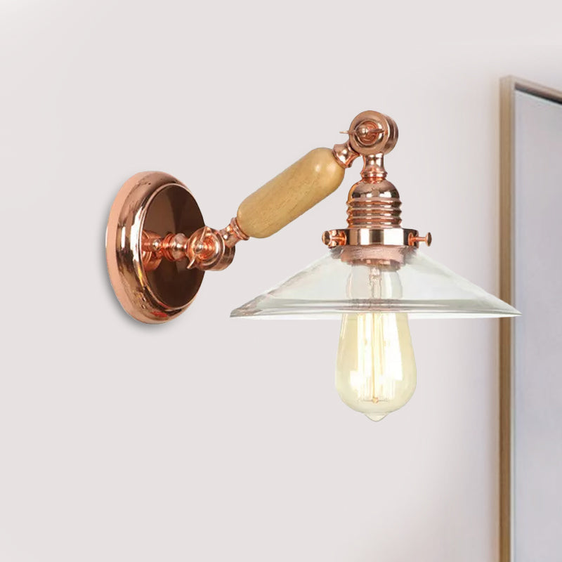 Avtoit | 1 Light Clear Glass Wall Light Rustic Rose Gold Cone Living Room Lighting with Rotatable Arm