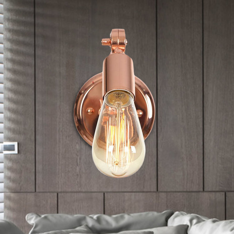 Avtoit | Rose Gold Armed Wall Light Retro Industrial Iron 1 Light Bathroom Rotatable Wall Lamp with Exposed Bulb