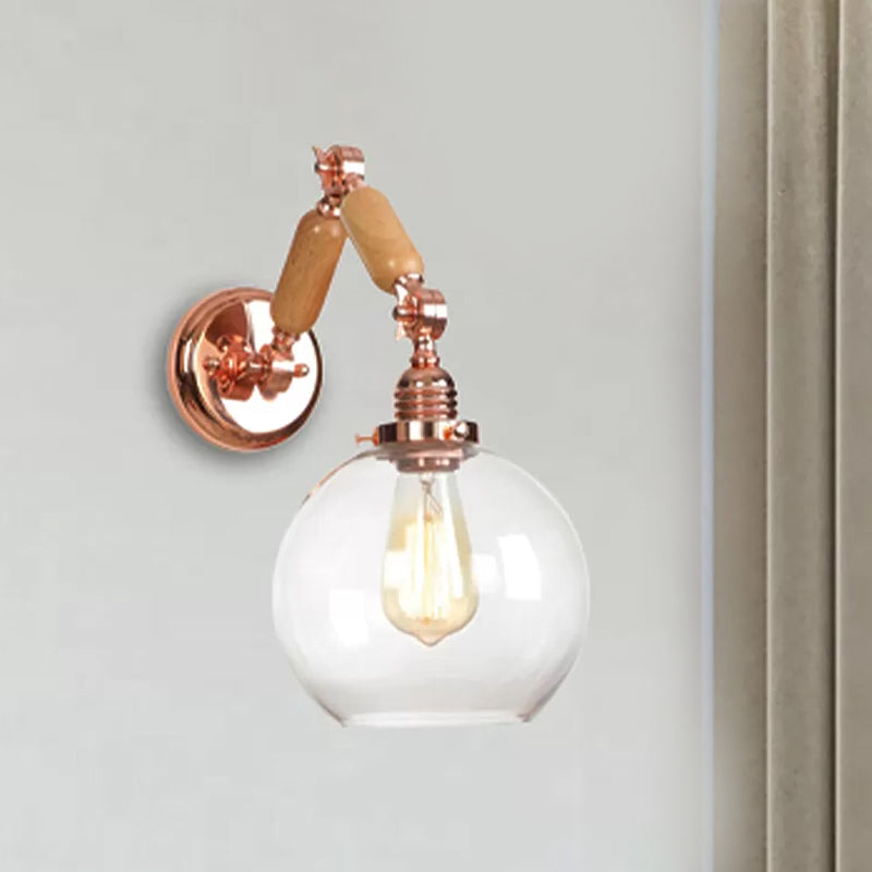 Avtoit | 1 Bulb Globe Wall Mounted Light Fixture Rustic Rose Gold Clear Glass Lighting with Retractable Arm