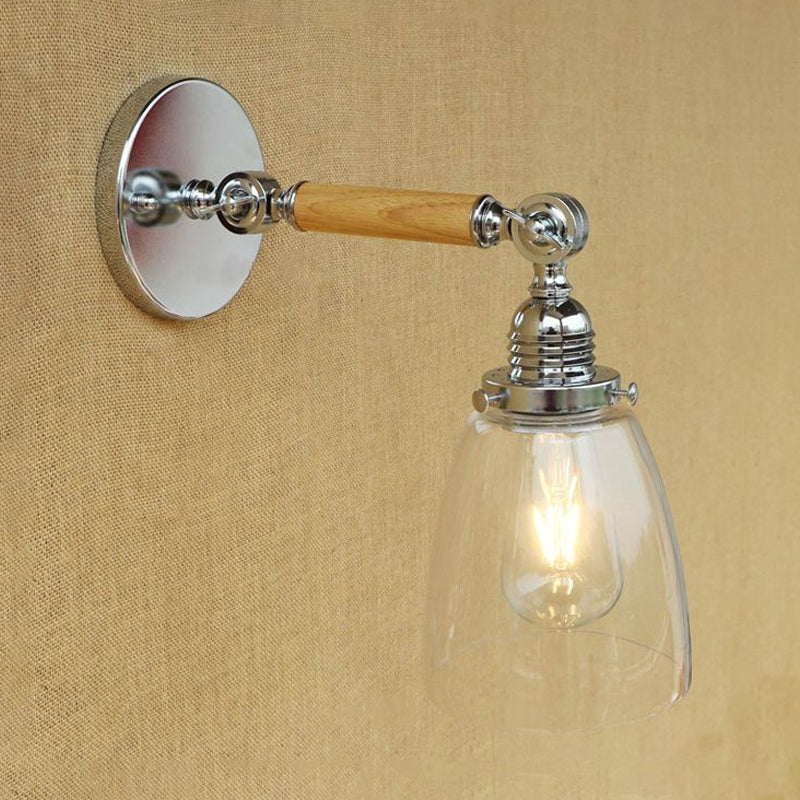 Avtoit | Single-layer wall lamp with dome shade clear glass industrial living room light, 8"/4"/6" L wood arm