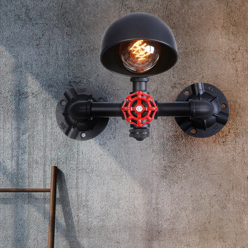 Avtoit | Steampunk Dome Wall Lamp Fixture with Valve Wheel 1 Head Metallic Wall Light in Black for Living Room