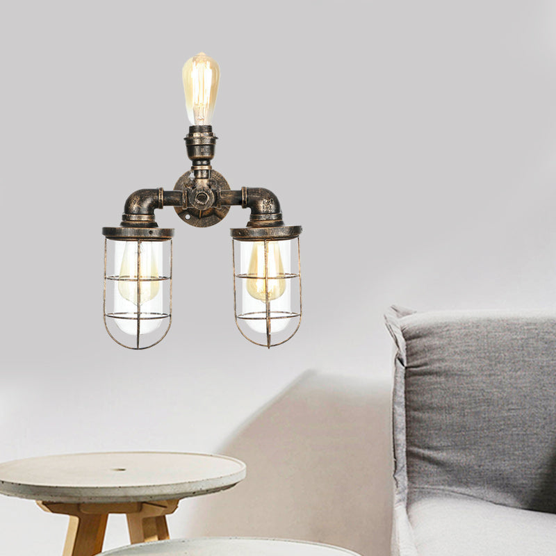 Avtoit | 3 Heads Water Pipe Wall Mounted Light with Cage Shade Nautical Design Antique Brass Iron Wall Lighting