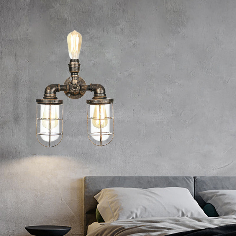 Avtoit | 3 Heads Water Pipe Wall Mounted Light with Cage Shade Nautical Design Antique Brass Iron Wall Lighting