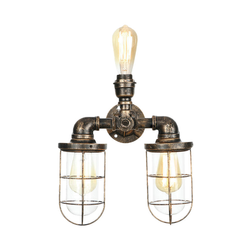 Avtoit | 3 Heads Water Pipe Wall Mounted Light with Cage Shade Nautical Design Antique Brass Iron Wall Lighting