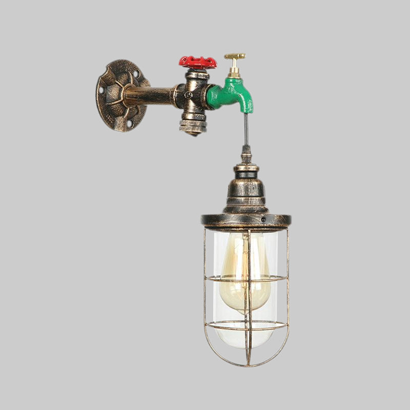 Avtoit | Faucet Design Metal Wall Lamp Steampunk Style 1 Bulb Balcony Wall Light with Wire Protection in Antique Bronze