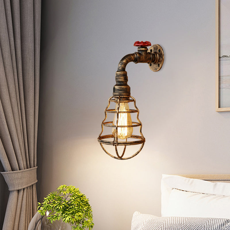 Avtoit | 1 head cage bulb-shaped wall lamp farmhouse style antique bronze iron wall light with valve wheel