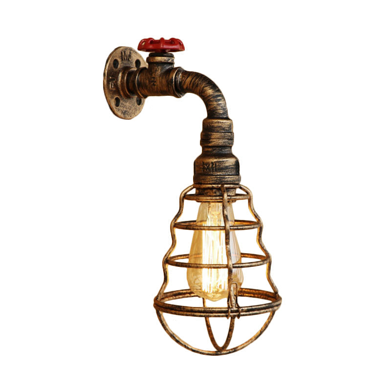 Avtoit | 1 head cage bulb-shaped wall lamp farmhouse style antique bronze iron wall light with valve wheel