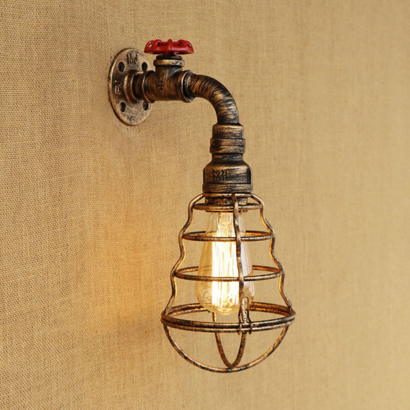 Avtoit | 1 head cage bulb-shaped wall lamp farmhouse style antique bronze iron wall light with valve wheel