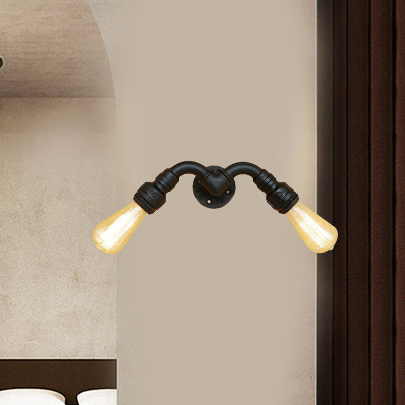 Avtoit | Vintage Style Bare Bulb Wall Lamp with Pipe Design 2 Heads Metal Wall Lamp in Black for Indoor